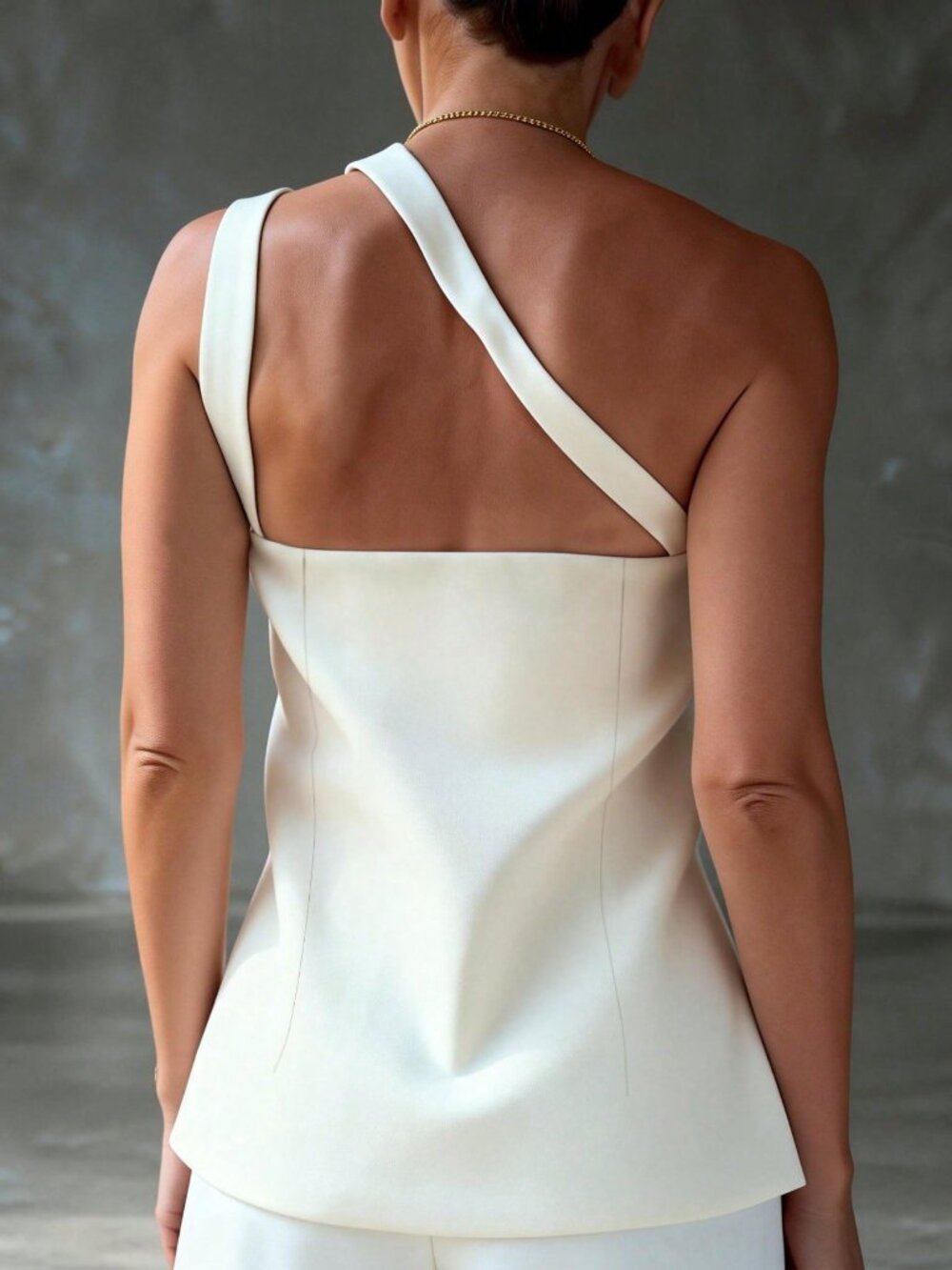 White Casual Women's Minimalist Button Front Button Oblique Shoulder Vest Top - Picture 6 of 8